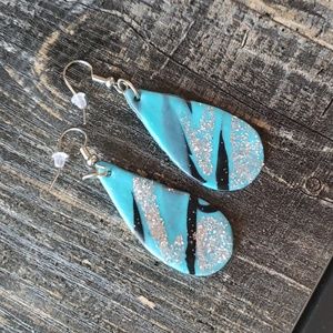 Handmade Clay Earrings blue and black with silver sealed glitter. NEW